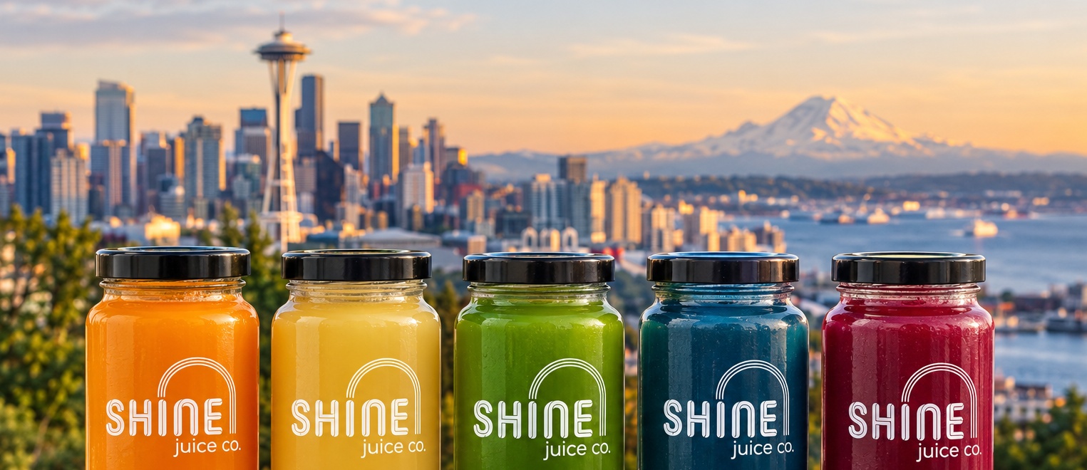 Shine Juice Co. — cold-pressed raw juice with Seattle skyline and Mount Rainier
